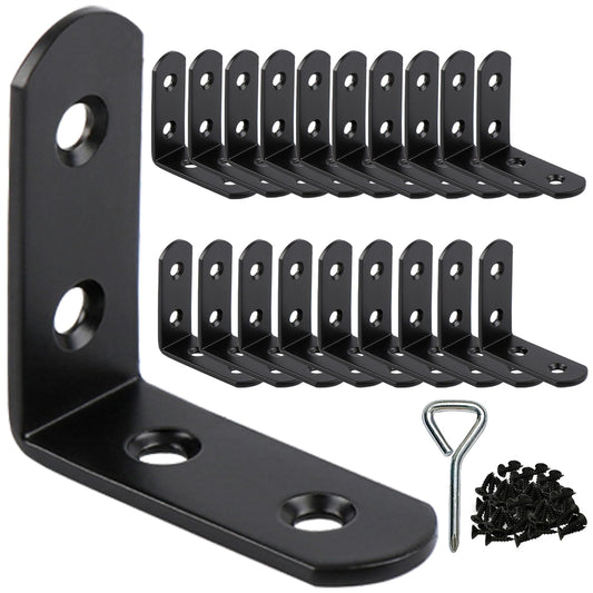 2 Inch (50mm) L Brackets for Wood Shelves Corner Brace 20 Pack- Reinforced Corner Braces - Black Heavy Duty Steel Shelf Brackets for Furniture/ DIY Home Improvement