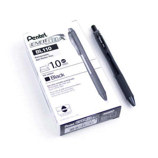 Pentel EnerGel X Retractable Liquid Gel Rollerball Pen, Everyday Writing, Office Supplies, School Supplies, 1.0mm Bold Point, Black Ink, BL110-A, Box of 12