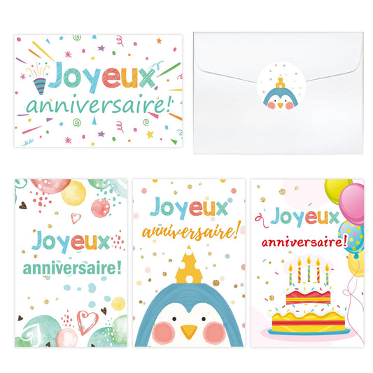Well Tile 24 Pack French Birthday Cards with Envelopes and Stickers 4x6 Inch-Birthday Thank You Cards Joyeux anniversaire Greeting Cards for Birthday Party Holiday Baby Shower, Christmas