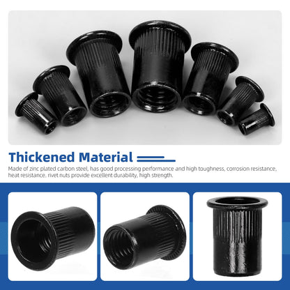 Glarks 320Pcs 5/32"-32UNC 8-32UNC 10-24UNC 1/4"-20UNC 5/16"-18UNC 3/8"-16UNC 1/2"-13UNC Rivet Nuts Kit Black Zinc Plated Carbon Steel Flat Head Rivnut Threaded Insert Rivet Nuts Assortment Set