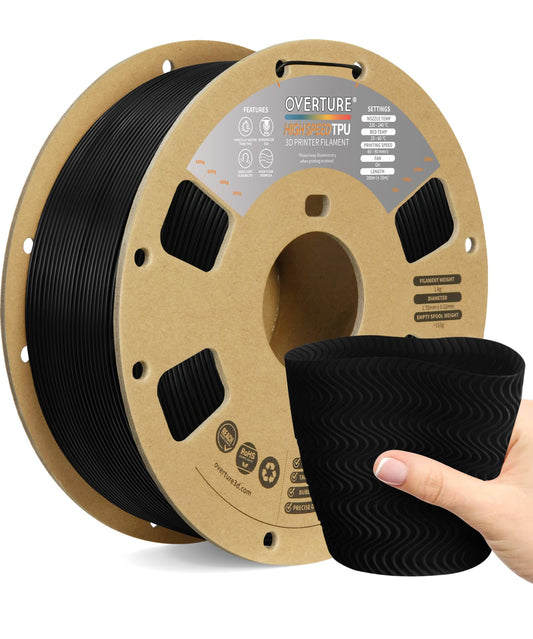 OVERTURE High Speed TPU Filament 1.75mm Flexible TPU Roll, 95A Soft 3D Printer Filament, 1kg Spool (2.2 lbs), Dimensional Accuracy +/- 0.02mm (HS TPU Black)
