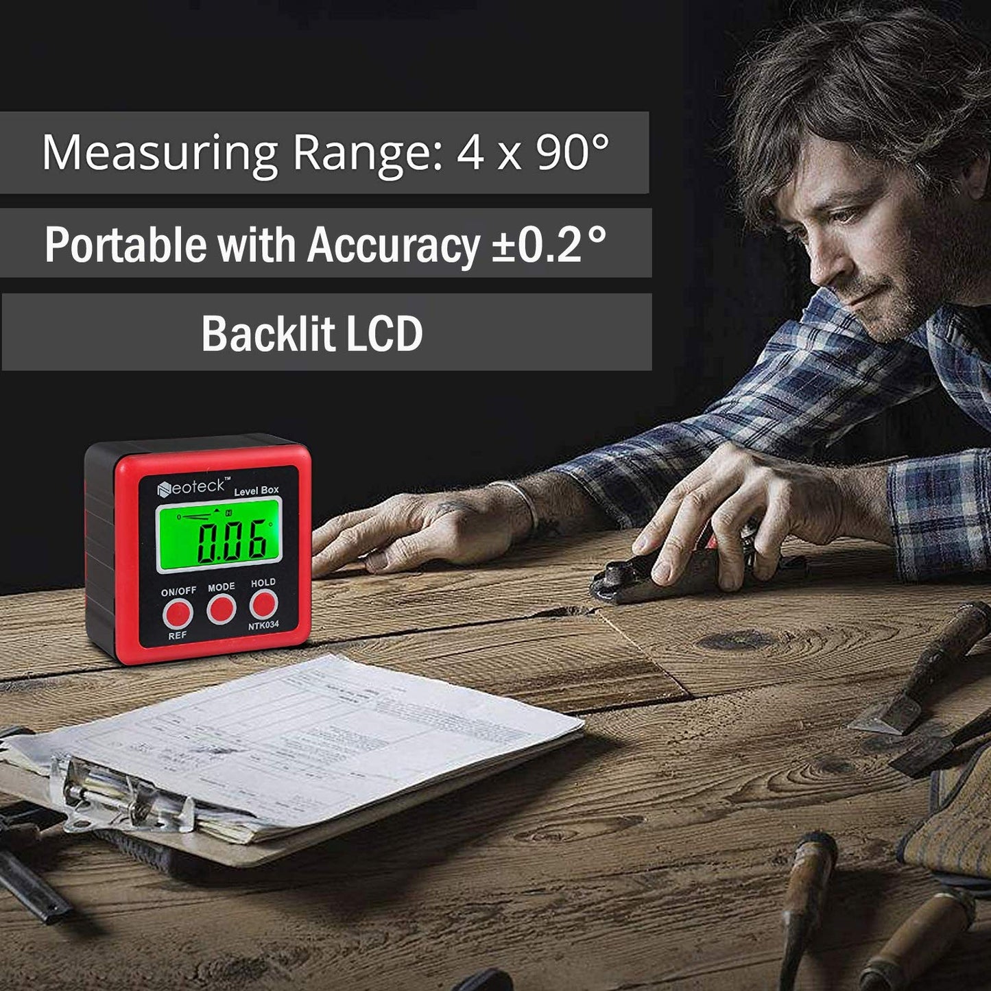 Neoteck Digital Angle Finder Digital Angle Gauge with LCD Backlight Protractor IP54 Waterproof Inclinometer Level Box for Bevel Angle of Miter Saw Automobile Test and Repair and Woodworking-Red