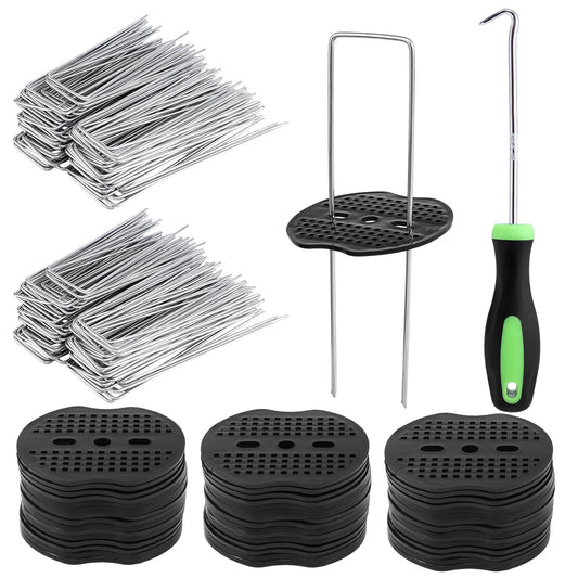 201 Pcs Garden Stakes Staples Kit, 100 Pcs 6 Inch U Shaped Landscape Staples with 100 Pcs Gaskets and 1 Pcs Pick Hook, Galvanized Ground Stakes for Weed Barrier Fabric, Ground Cover, Holding Fence