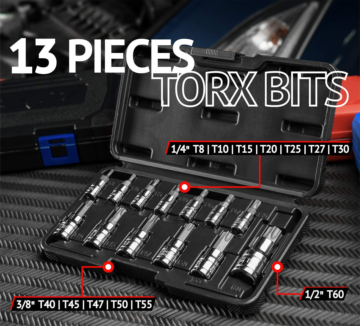 EPAuto Torx Bit Socket Set T8-T60-13PC, Cr-V Star Socket Kit with Case