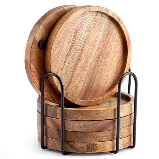 WLWNWFT Acacia Wood Round Coasters with Holder, Set of 6, Brown