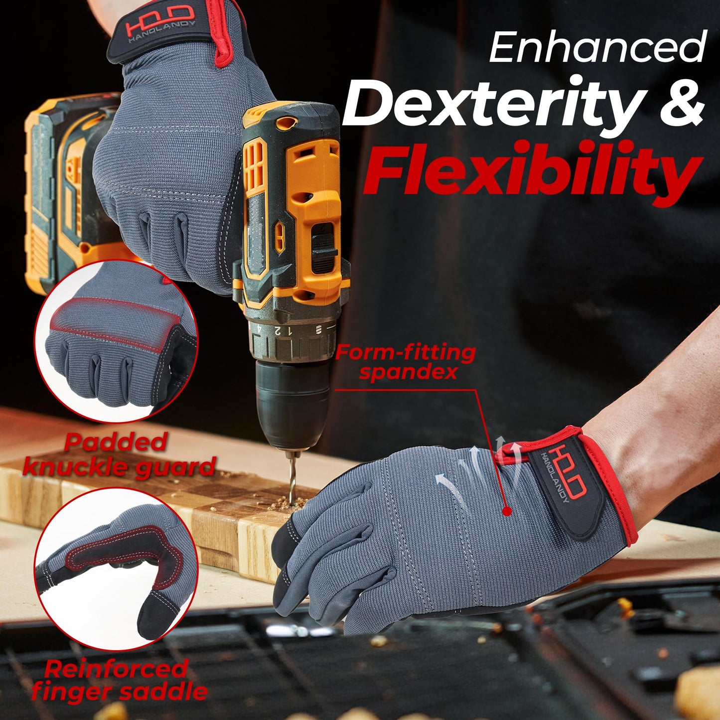 Handlandy Mens Work Gloves Touch screen, Synthetic Leather Utility Gloves, Flexible Breathable Spendex - Padded Knuckles & Palm (Extra Large, Gray)