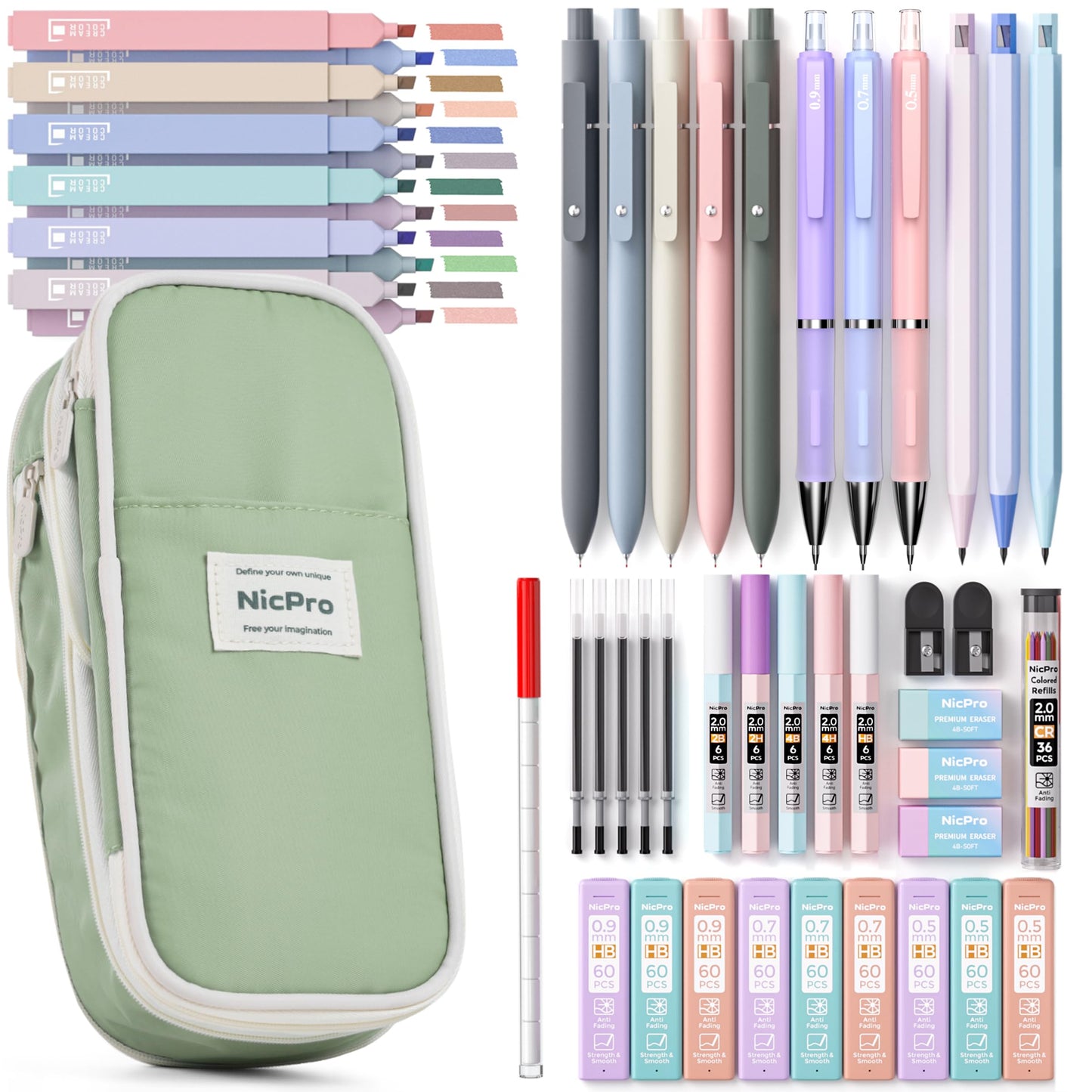 Nicpro 50-Piece School Supplies with Pencil Case, 5 Retractable Black Gel Pens, 12 Colours Highlighters, 6 Mechanical Pencils 0.5 & 0.7 & 0.9 & 2.0mm, Ideal School Supplies for Writing and Drawing