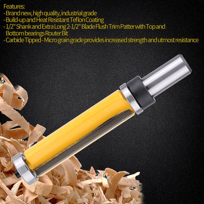 1/2" Shank Straight Router Bit Woodworking Flush Trim Router Bit Tool 2-1/2"L x 3/4''Dia with Long Cutter, Top and Bottom Bearing