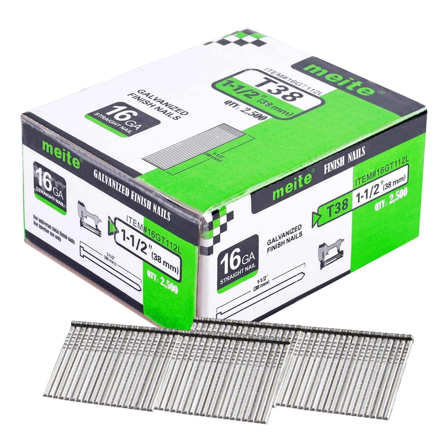 meite 16GT112L 16 Gauge 1-1/2-Inch Leg Galvanized Finish Nails or Brad Nails 2500 Pieces/Box (1 Box)