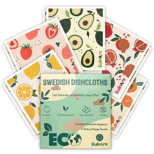 Eulnars Swedish Dish Cloth, 10 Pack Fruit Swedish Dishcloths for Kitchen, Reusable Paper Towels Washable, Biodegradable, Non-Scratch Cellulose Sponge Cloths, No Odor
