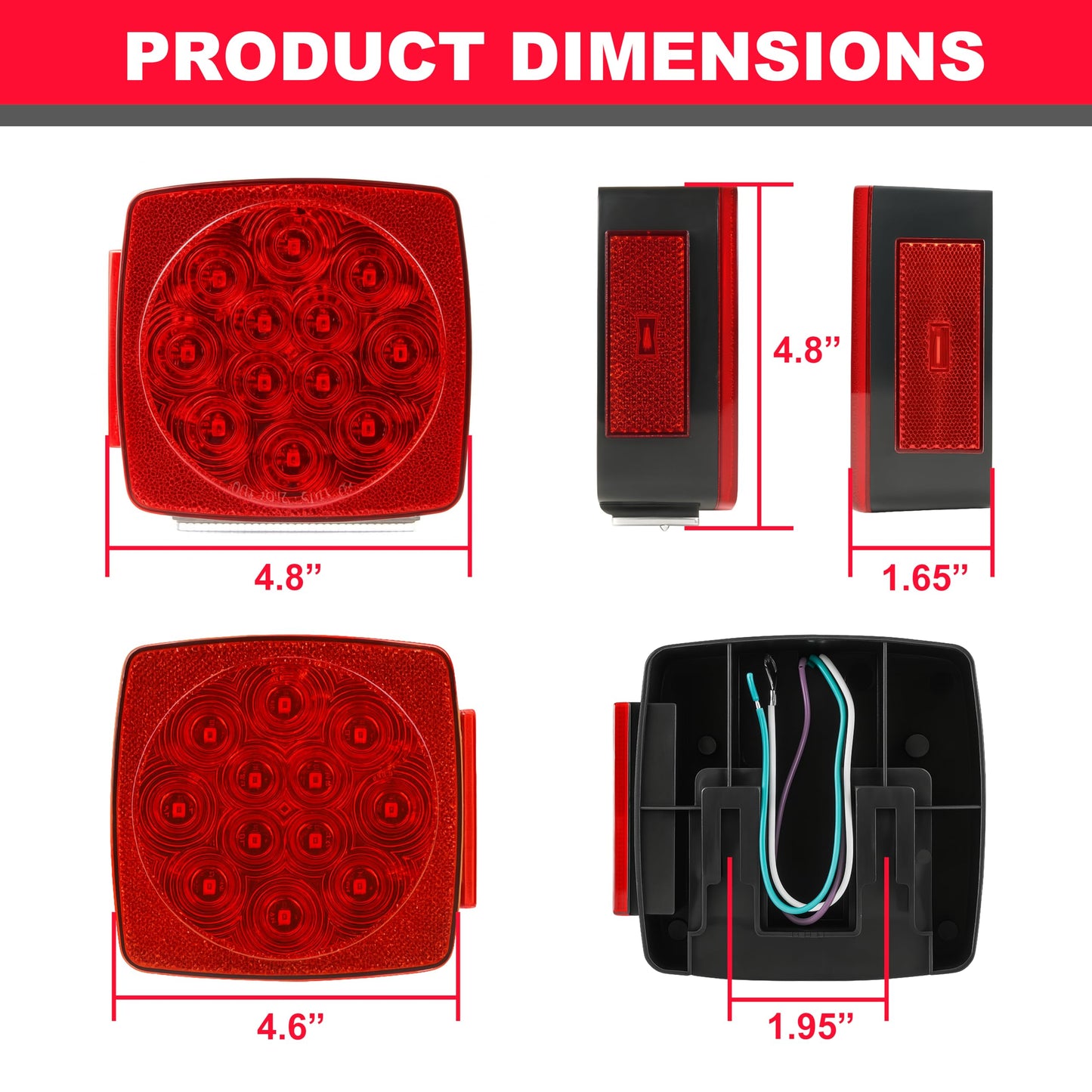 PEAKTOW Square 12V LED Submersible Left and Right Trailer Lights, Stop Turn Tail Side Marker License Lights for Utility Trailer Boat Camper RV Truck Marine, Mounting Hardware Included