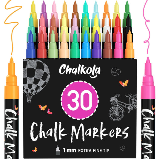 Extra Fine Tip Liquid Chalk Markers (30 Pack 1mm) Pastel + Neon Chalk Pens - Erasable Dry Erase Marker for Chalkboard, Blackboards, Window, Bistro