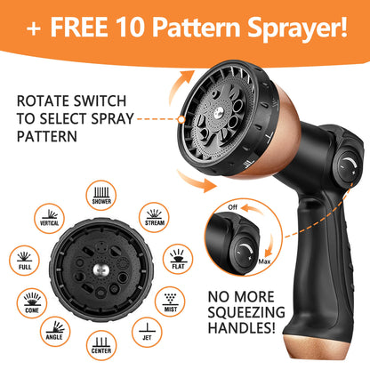 25 Foot Garden Hose – 2026 Upgarded Expandable Garden Hose w/10 Pattern Spray Nozzle, 650psi Brass 3/4” Fittings – Lightweight, Durable, Kink-Free, Retractable Water Hoses for Gardening(Black Gold)