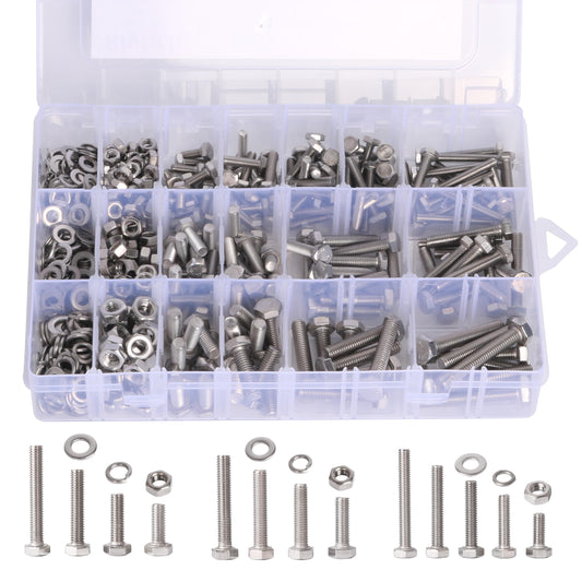 620PCS M4 M5 M6 Heavy Duty Bolts+Nuts Assortment Kit, 304 Stainless Steel, Hex Head Cap Screws Bolts and Nuts Kit with Flat & Spring Washers, Includes 13 Most Common Sizes