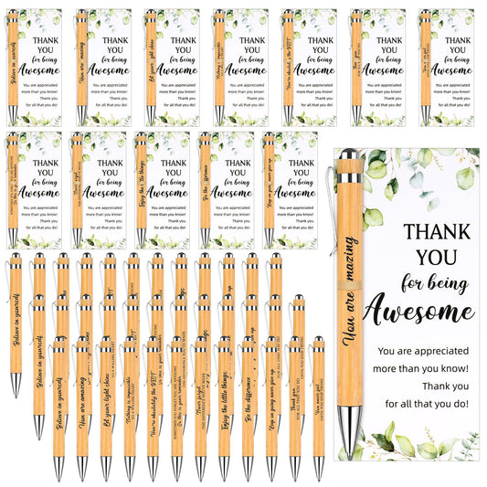 36 Set Employee Appreciation Gifts Thank You Wood Bamboo Pens with Thank You Bookmark Cards Motivational Quote Pen Inspirational Cards for Teacher Coworker Volunteer Nurse Office School Party Supplies