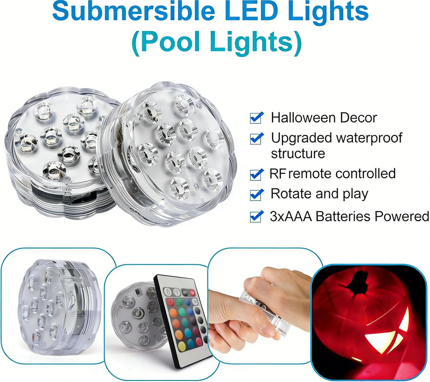 Submersible LED Lights with Remote, 16 Colors 4 Modes Battery Powered Color Changing Underwater LED Pool Lights for Pool Pond and Camping Bucket (4 Packs)