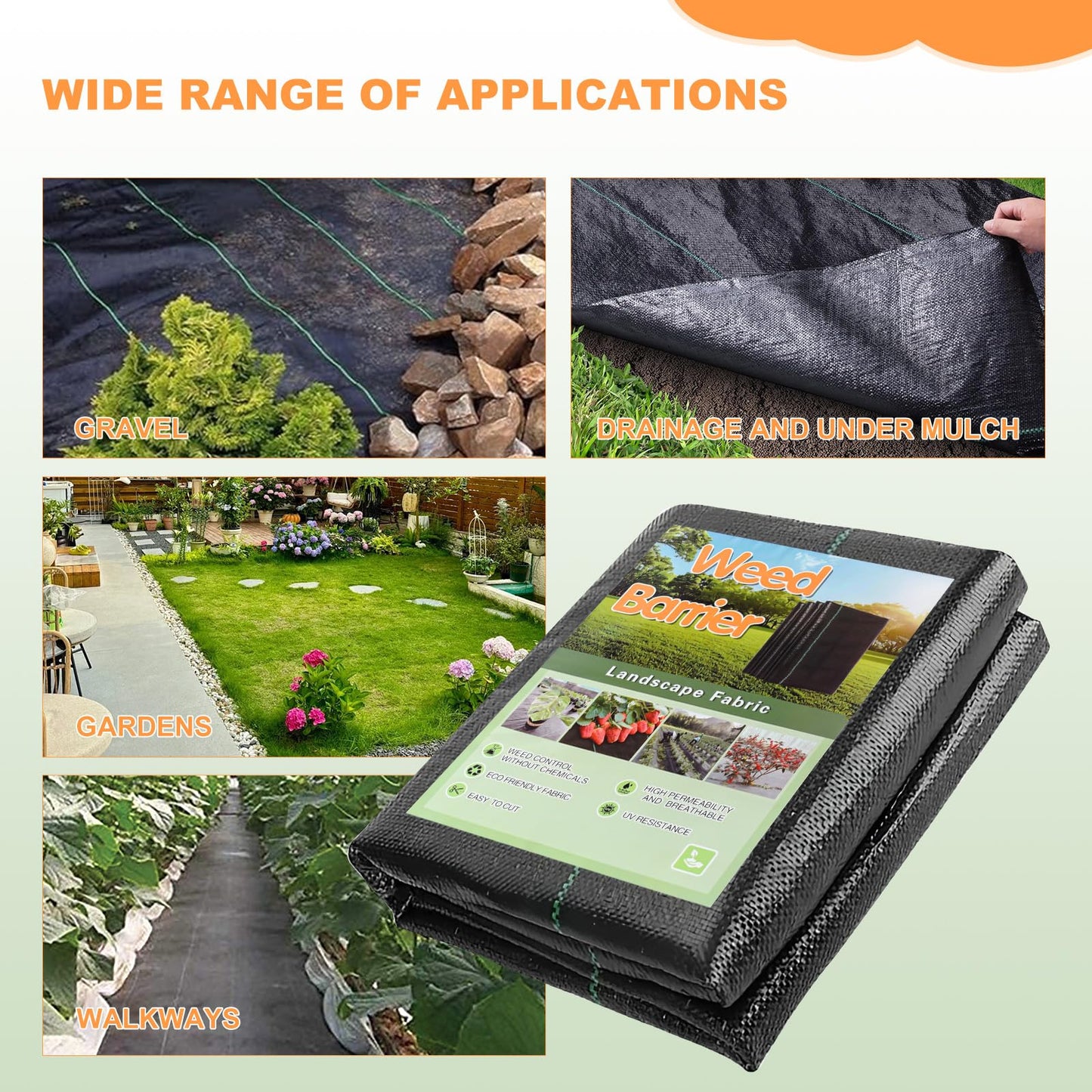 4x50Ft Weed Barrier Landscape Fabric Heavy Duty Ground Cover Fabric Block, 3.2oz Gardening Fabric Mat Garden Cloth Felt for Flower Bed, Patio, Orchard, Playground