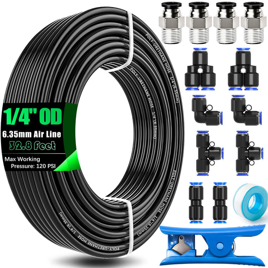 mxuteuk 15PCS 1/4 Inch Air Line Tubing Kit,1/4 Inch(6.35mm) OD x 32.8 Feet(10 Meter) Polyurethane PU Tube and 1/4 Inch OD Push to Connect Fittings