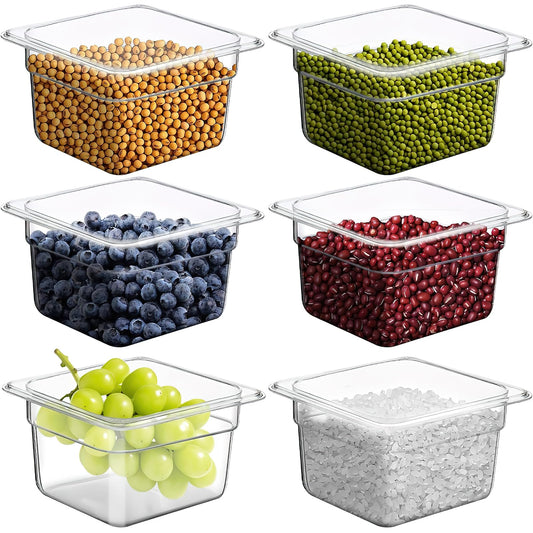 6 Pack NSF 1/6 Size Food Pans 6 Inch Deep, Clear Polycarbonate Commercial Food Storage Containers with Capacity Indicator, Stackable Restaurant Prep Pan 2.35 Qt