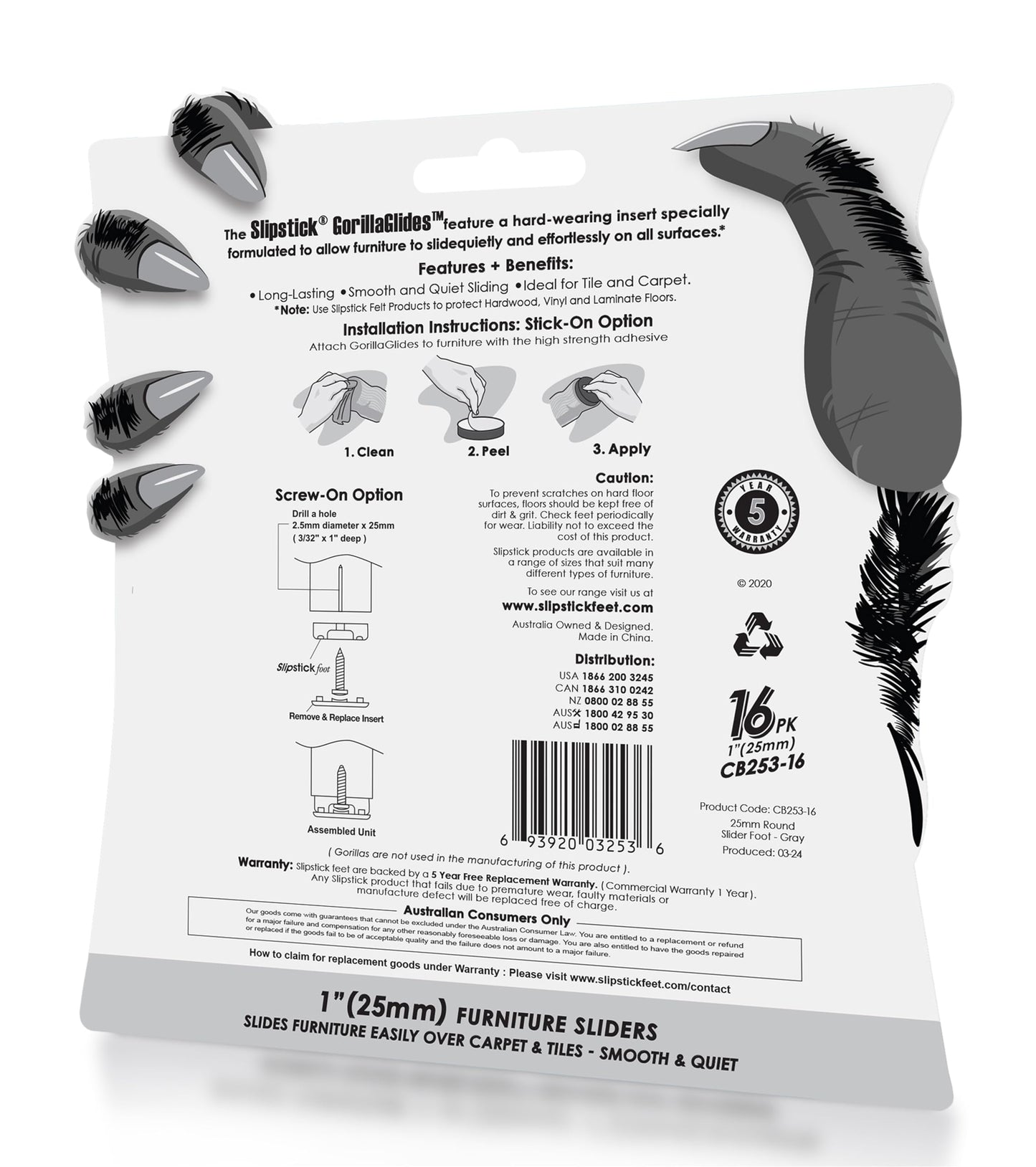 GorillaGlides 1 Inch (25mm) Chair Sliders/Floor Protectors (16 Furniture Glides) Screw-On or Self-Adhesive, for Sliding on Carpet & Hard Surface Floors, Round, CB253-16