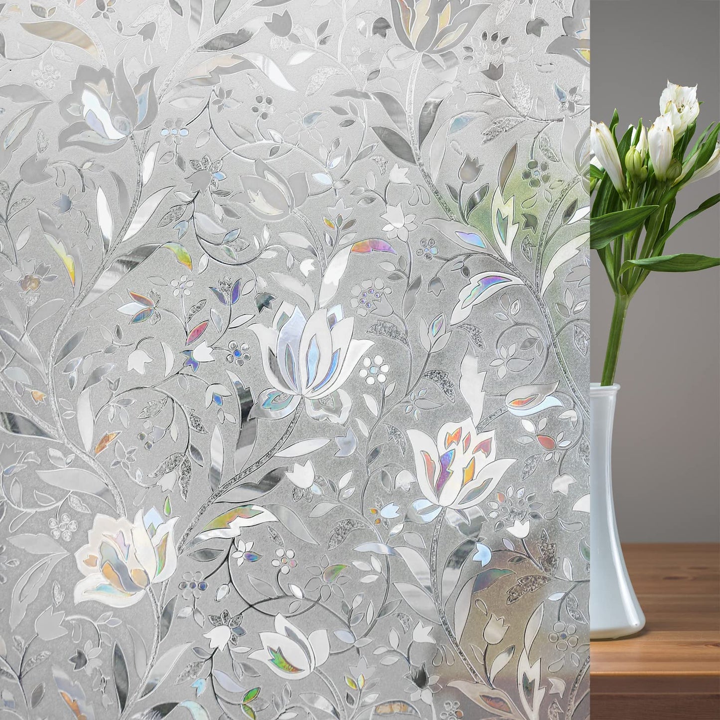 rabbitgoo Privacy Window Film, Decorative Stained Glass Film, Sun Blocking Window Cling, Removable Static Cling Vinyl Glass Sticker for Home, Bathroom Door, Tulip Flower, Clear, 60x200cm