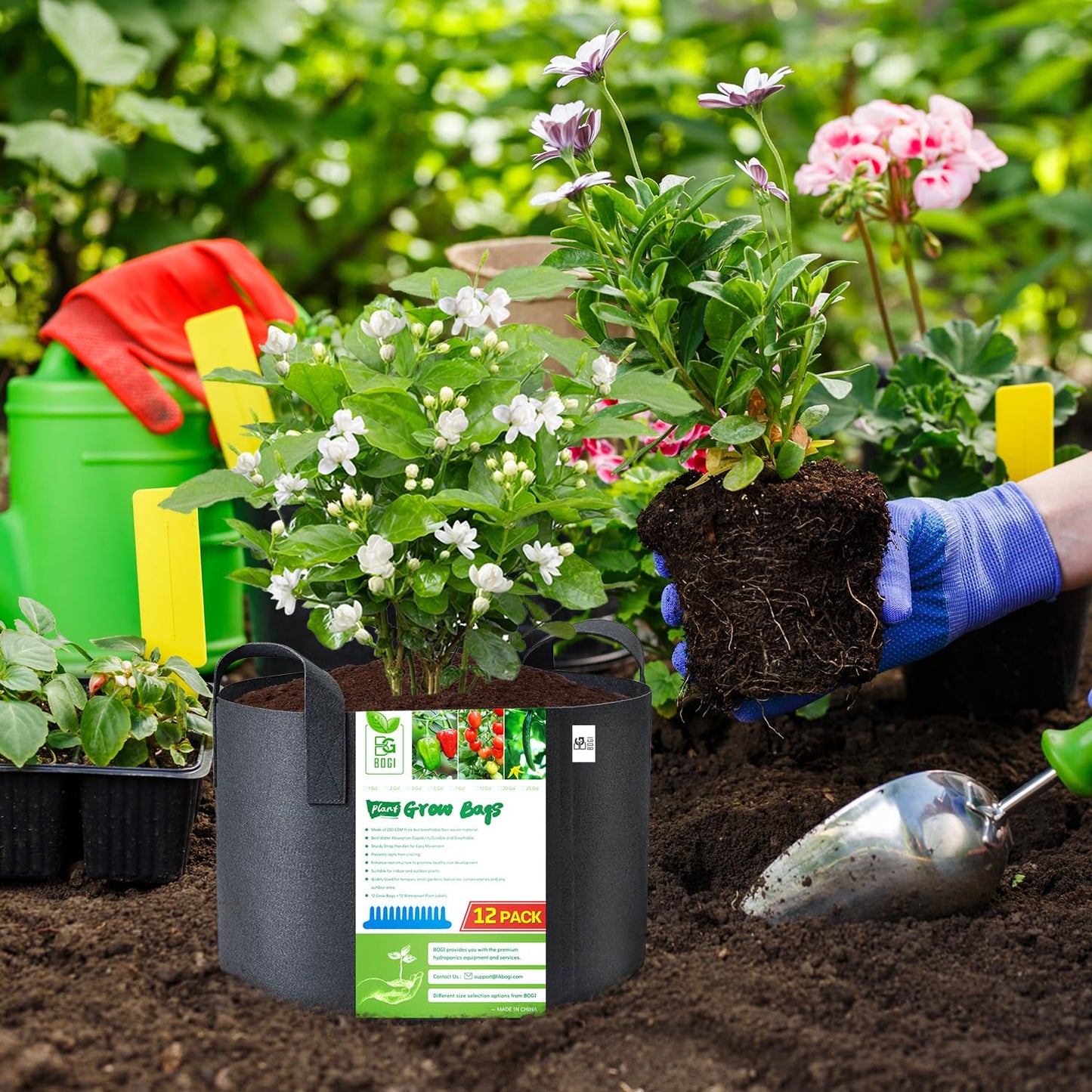 BOGI Grow Bags 12 Pack 5 Gallon Grow Bags Heavy Duty Thickened Nonwoven Grow Bag with Durable Habdles Fabric Pot for Vegetable Flower Potato Garlic Indoor Outdoor Plants + 12 Waterproof Plant Labels