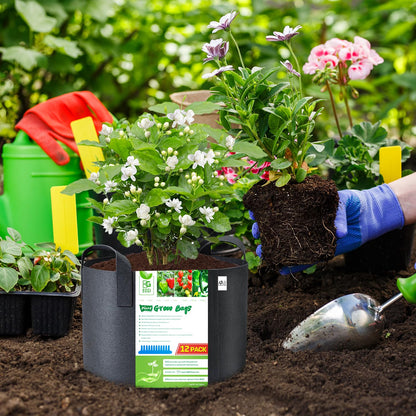 BOGI Grow Bags 12 Pack 5 Gallon Grow Bags Heavy Duty Thickened Nonwoven Grow Bag with Durable Habdles Fabric Pot for Vegetable Flower Potato Garlic Indoor Outdoor Plants + 12 Waterproof Plant Labels
