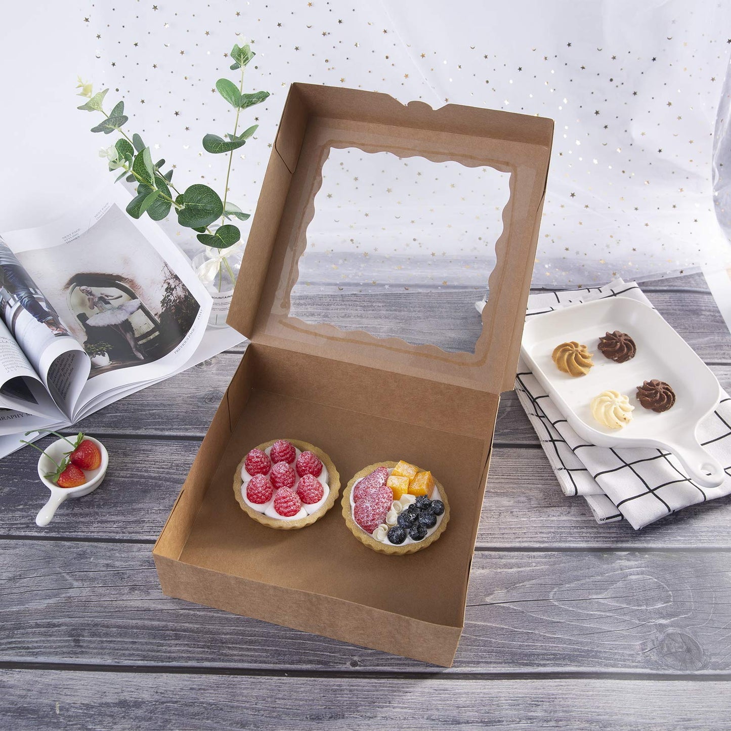 [15pcs]9inch Kraft Bakery Boxes,ONE MORE Large Pie Boxes with PVC Window Natural Disposable box for Cookie 9x9x2.5inch,15 of Pack