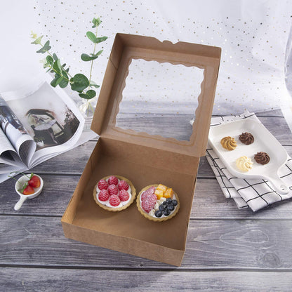 [15pcs]9inch Kraft Bakery Boxes,ONE MORE Large Pie Boxes with PVC Window Natural Disposable box for Cookie 9x9x2.5inch,15 of Pack