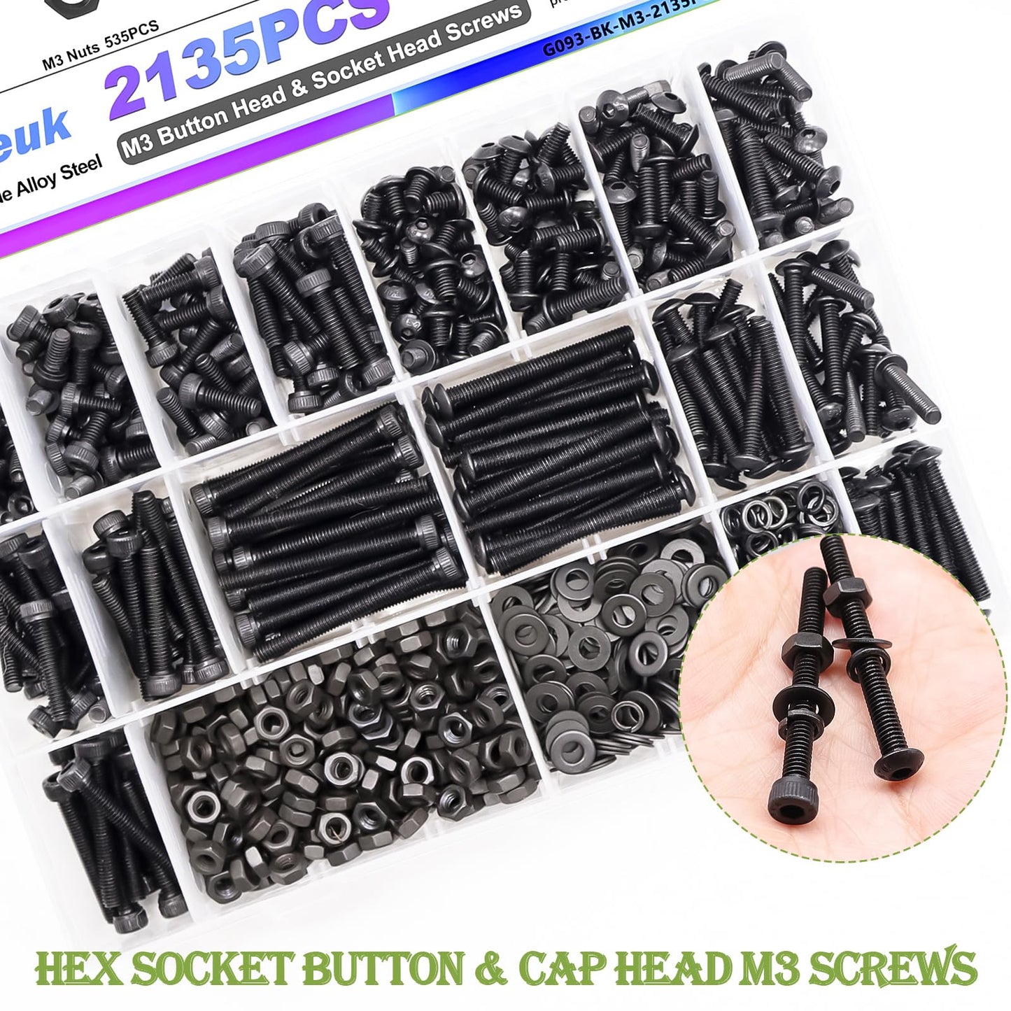mxuteuk 2135PCS M3 Screws kit,M3x4mm-35mm Metric Screws Bolts Washers Nuts Kit,Hex Socket Button & Cap Head M3 Screws,12.9 & 10.9 Grade Alloy Steel M3 Bolts with 2 Hex Wrench