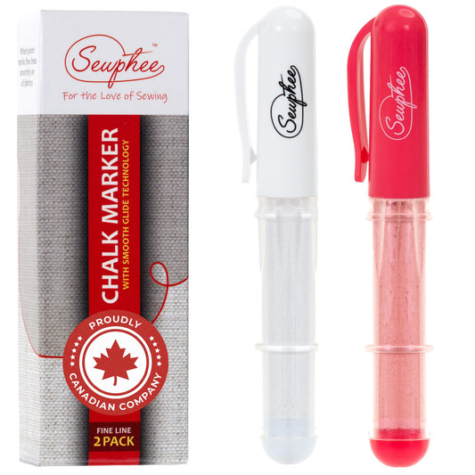 Fabric Markers for Sewing – Ergonomic Tailors Chalk Pen with Improved Dosing Wheel for Sharp Lines - Washable Sewing Chalk Marking Pens that are Compatible with Most Fabrics - White and Pink 2 Pack