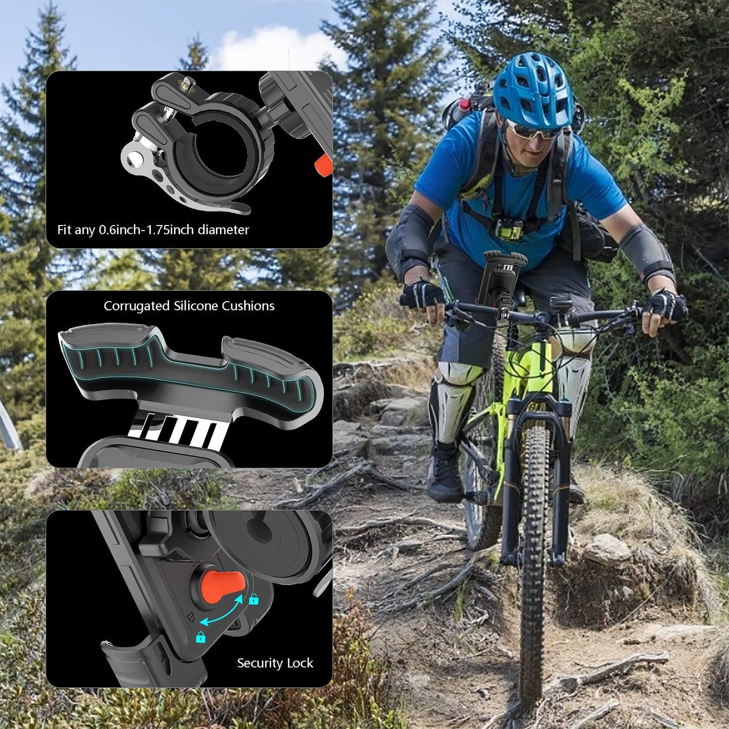 Marspeeder Bike Motorcycle Phone Mount, Super Stable Bike Motorcycle Phone Holder with Security Lock, Bicycle Phone Mount with Soft Cushion & Adjustable Metal Clip Compatible with 4.7''-6.8'' Phone