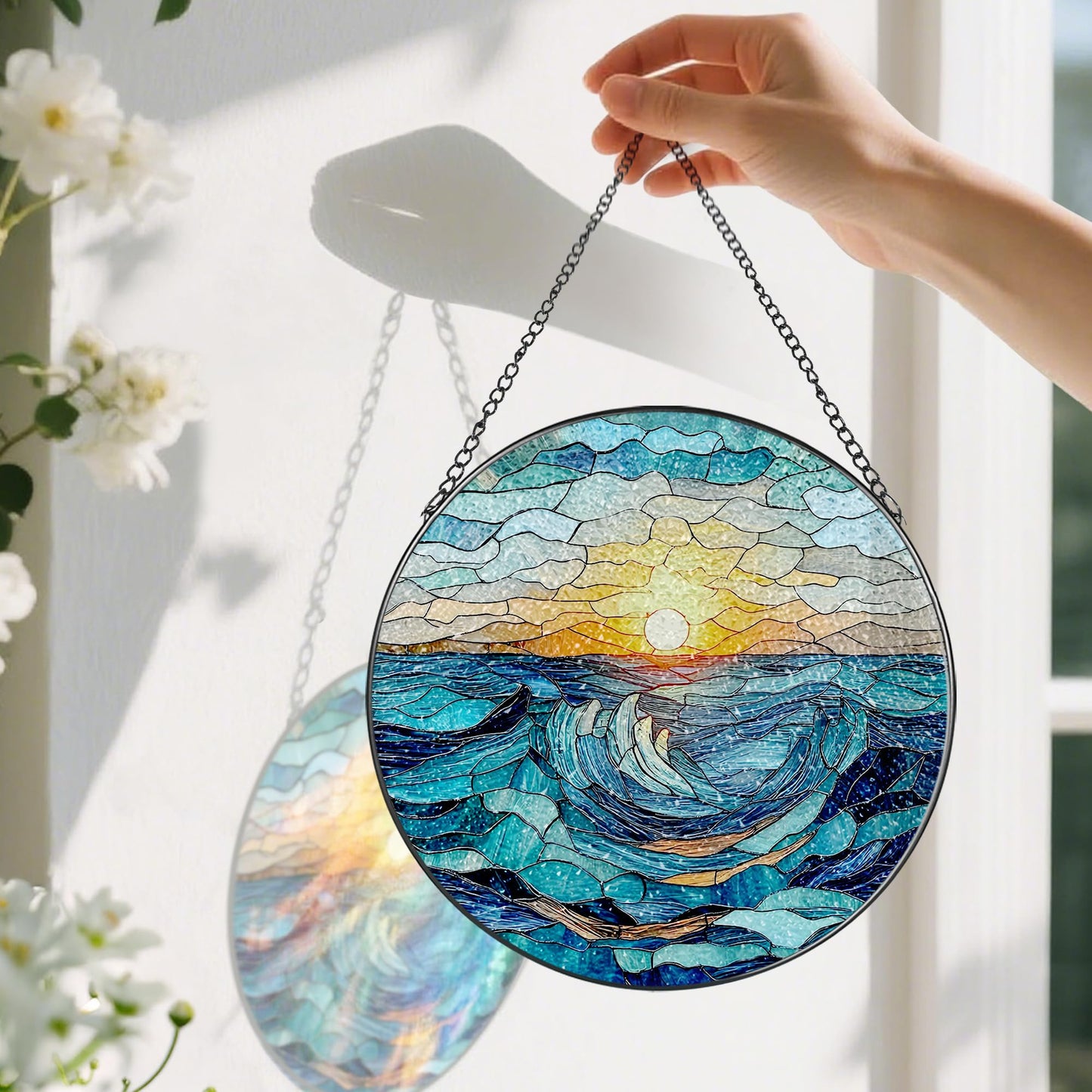 Stained Glass Window Hanging, Pauyadu 8 Inch Beach Stained Glass Suncatcher, Window Decoration Hanging, Sunrise Lover Gift, Natural Gift, Beach Home Decor, Gifts for Family, Friends, Colleagues