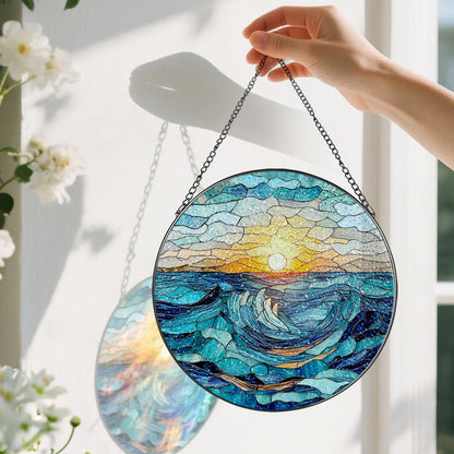 Stained Glass Window Hanging, Pauyadu 8 Inch Beach Stained Glass Suncatcher, Window Decoration Hanging, Sunrise Lover Gift, Natural Gift, Beach Home Decor, Gifts for Family, Friends, Colleagues