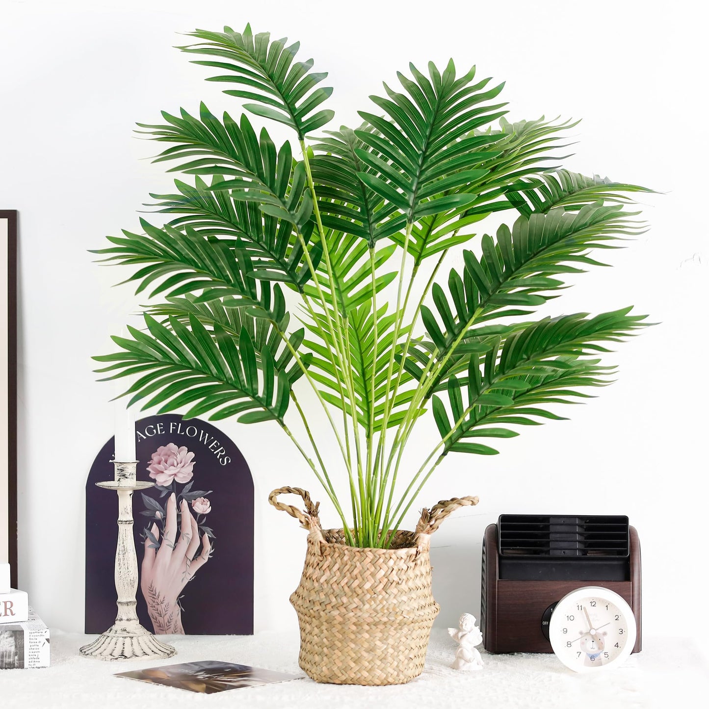 Der Rose Fake Palm Tree 28Inch Tall Fake Plant Potted Faux Areca Artificial Tree with Hand-Woven Baskets with Handles for Indoor Outdoor Home Office Bedroom Porch Balcony Boho Decor