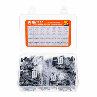 PANMILED 35 Values 700 Pieces Aluminum Electrolytic Capacitor Assortment Kit 0.1uF-1000uF 10V 16V 25V 50V Direct Insertion Aluminum Electrolytic Capacitor Series