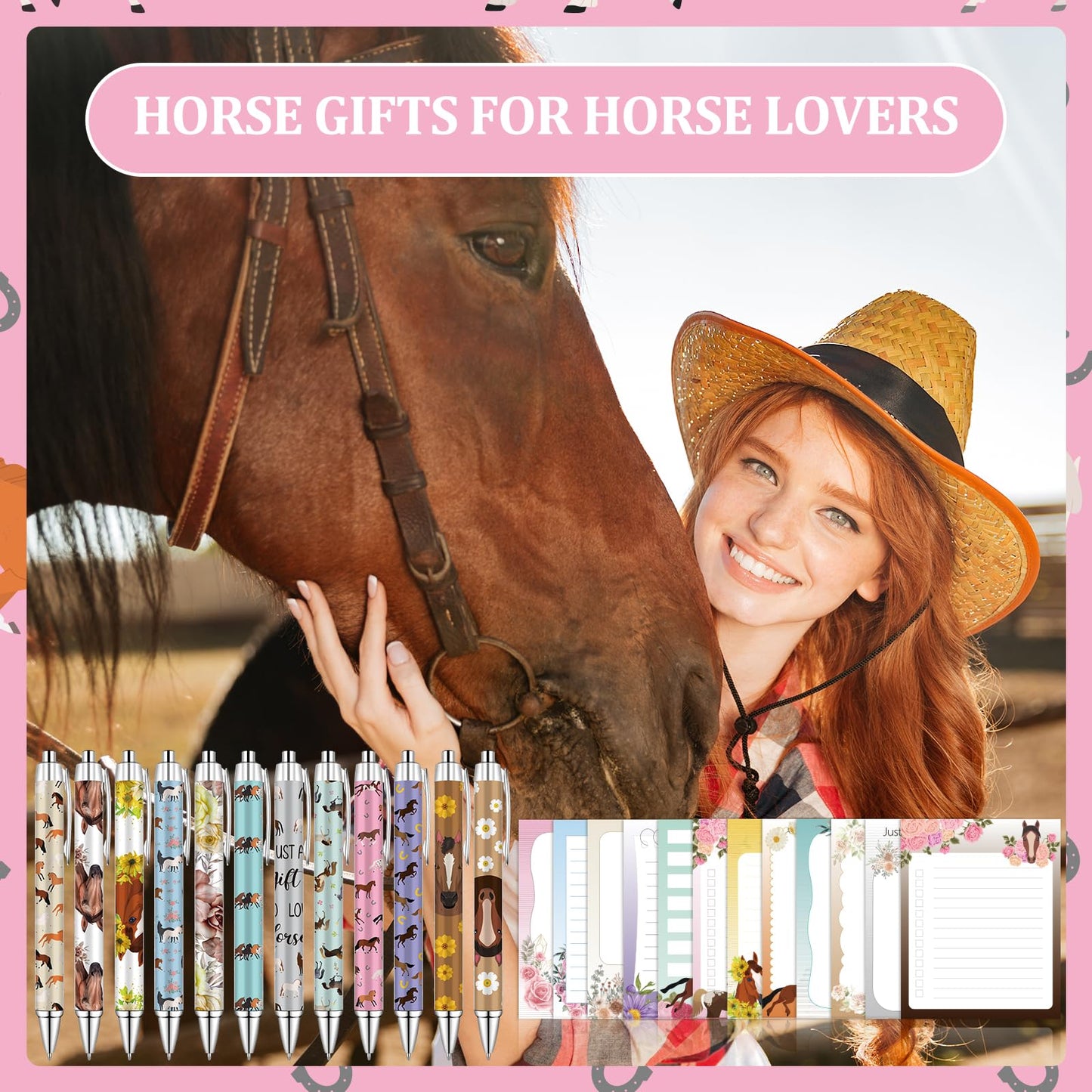 LIUBUJINGYING 24 PCS Horse Sticky Notes with Pen Cute Memo Notes Black Ink Ballpoint Pens Horse Lover Animal Lover Gifts,Teacher Appreciation Gifts Back to School Pens Small Bussiness Supplies