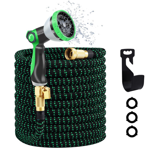 25ft Expandable Garden Hose, Water Hose with 10 Function Nozzle, Flexible Hose with 3/4" Solid Brass Fittings, Extra Strength Fabric, Easy Storage Kink Free, Black & Green