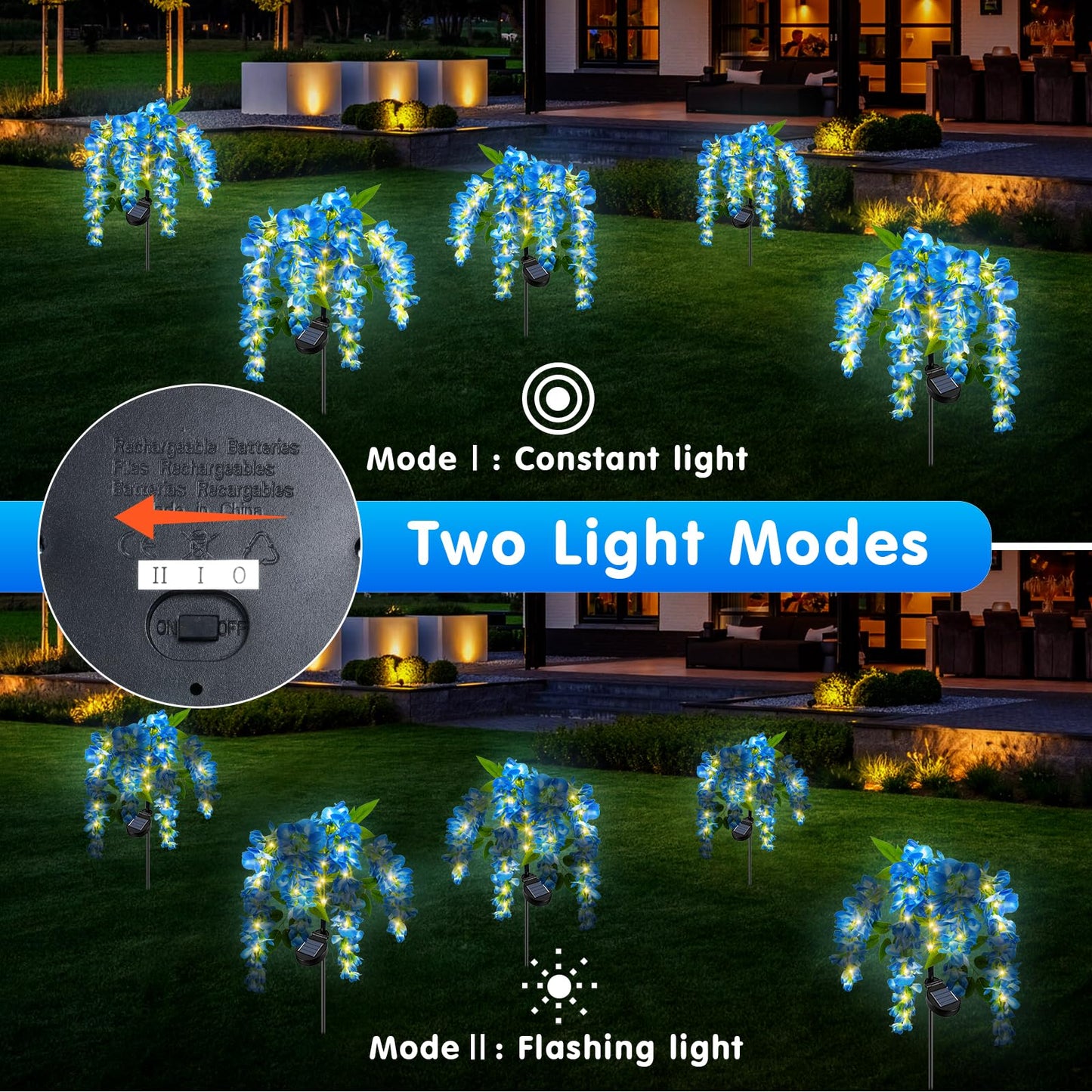 Fohil 2 Pack Solar Garden Lights, Solar Blue Wisteria Flower Lights, 2Lighting Mode Waterproof Solar Lights Outdoor Decoration for Garden Yard Pathway Grave Landscape