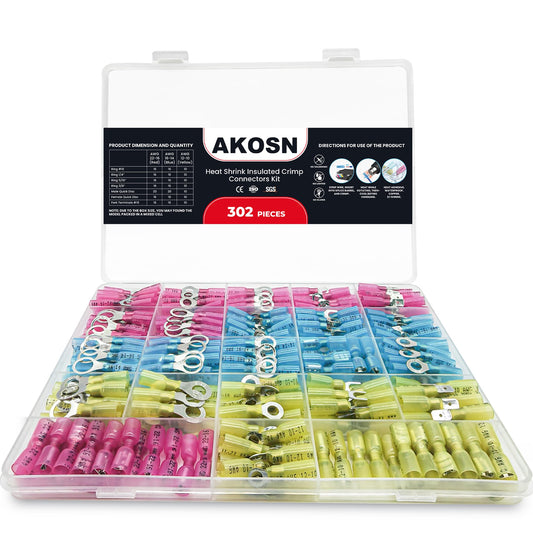 302 Pcs Electrical Crimp Wire Terminal Connectors Kit, Heat Shrink Connectors, Waterproof, Perfect for Marine, Automotive - Ring, Fork, Quick Connect & Disconnect, Spade Terminals, AWG 22-10 Gauge