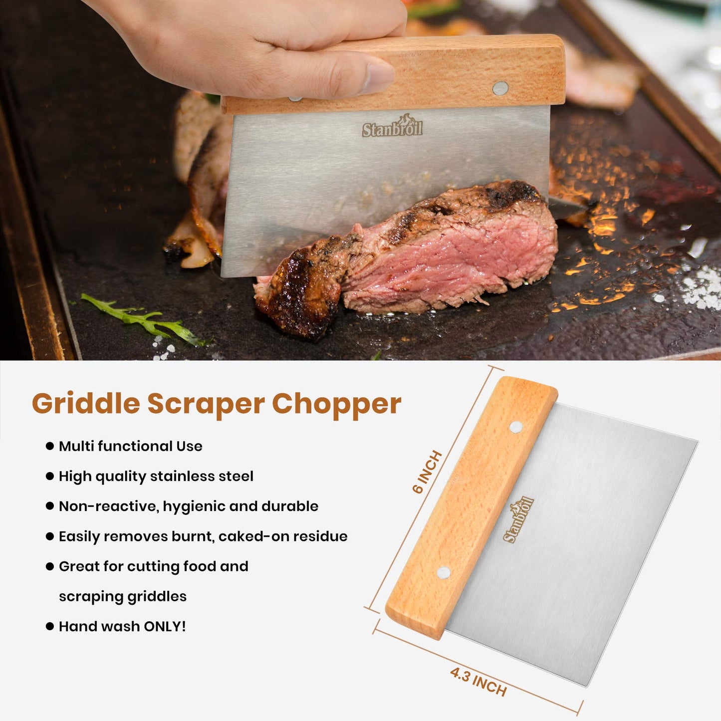 Stanbroil Griddle Accessories Spatula Tools, Set of 4 Stainless Steel Griddle Tools with Wooden Handle, Perfect for Outdoor BBQ Flat Top Cooking Camping Grilling
