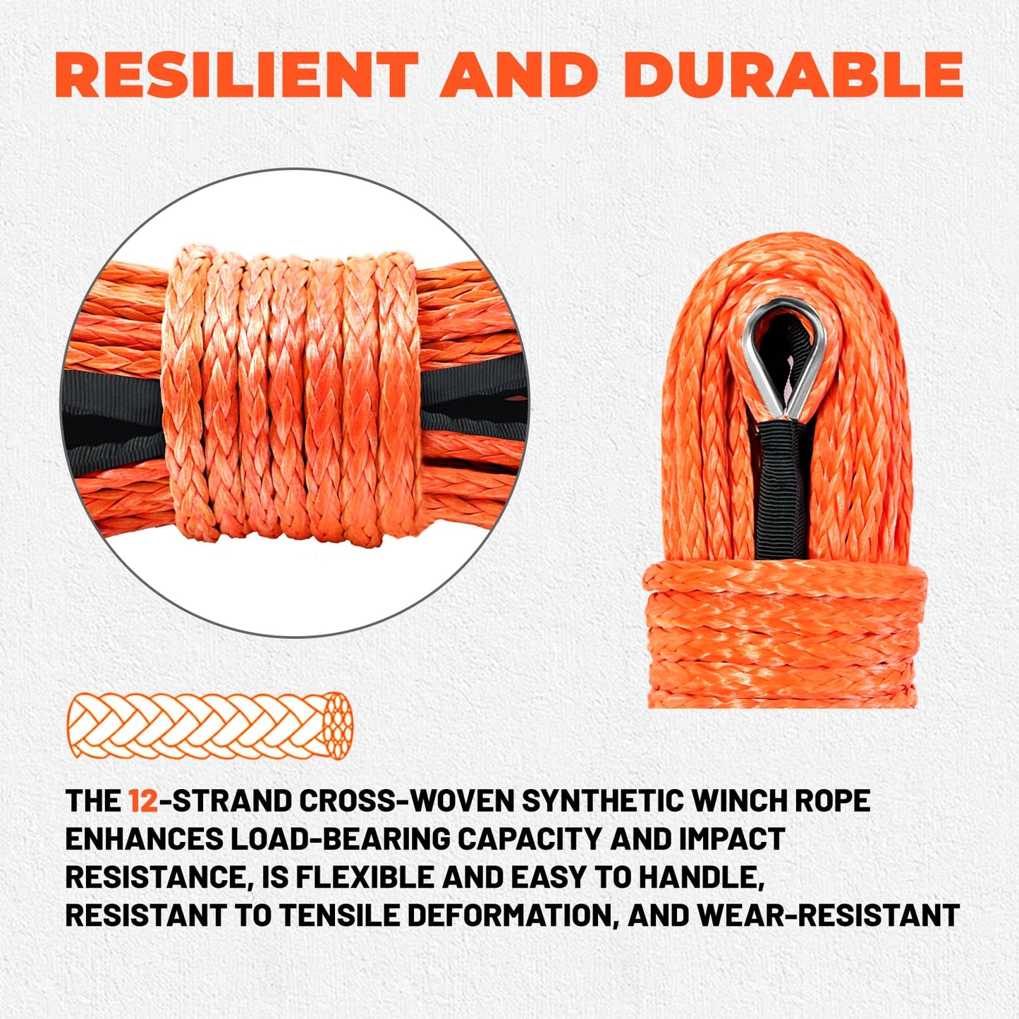 YUNPEAK 1/4 Inch x 50 Feet 10,000LBS Synthetic Winch Line，with Black Protecing Sleeve for Off Road Vehicle ATV UTV（Orange）.