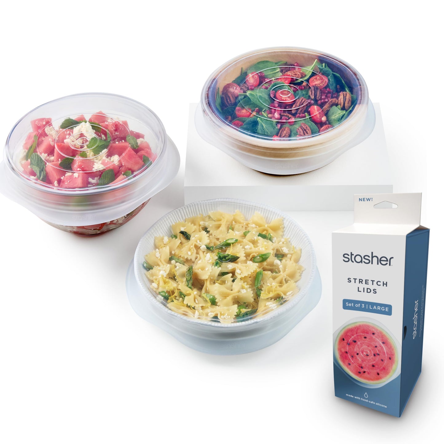 Stasher Premium Reusable Silicone Stretch Lids 3-Pack Box - Large, Clear, 9” Lids, Airtight Seal, Food Container Covers, BPA Free, Leak-Free, Dishwasher Safe, Microwave Safe, Eco-Friendly