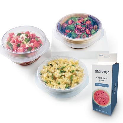 Stasher Premium Reusable Silicone Stretch Lids 3-Pack Box - Large, Clear, 9” Lids, Airtight Seal, Food Container Covers, BPA Free, Leak-Free, Dishwasher Safe, Microwave Safe, Eco-Friendly