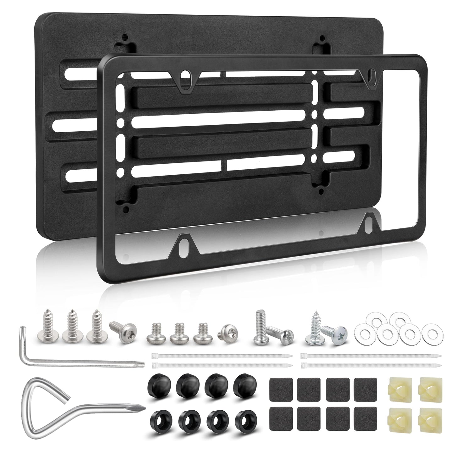 RED WOLF License Plate Bracket Holder with Stainless Steel Plate Frame Kit, Front Bumper Universal Fit Vehicles Truck Mount Holder Adapter Tag Lock Screws Caps Nuts Wrench