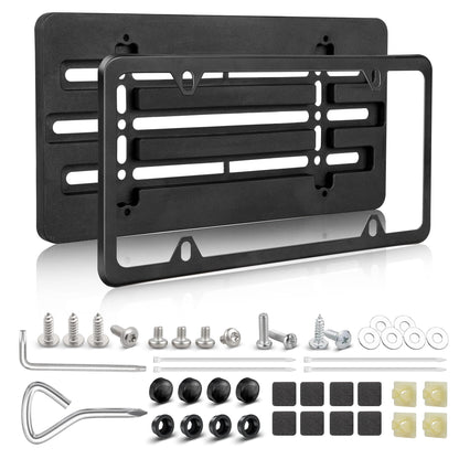 RED WOLF License Plate Bracket Holder with Stainless Steel Plate Frame Kit, Front Bumper Universal Fit Vehicles Truck Mount Holder Adapter Tag Lock Screws Caps Nuts Wrench