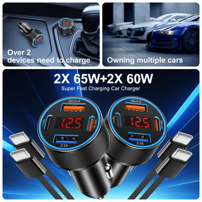 65W i Phone Car Charger Fast Charging, 2Pack 4 Port USB C Fast Car Charger+6ft Type C Cable, Dual USB-C & USB-A Cigarette Lighter Adapter with Voltmeter for i Phone 17 16 15 Pro Max,iPad,Samsung,Pixel