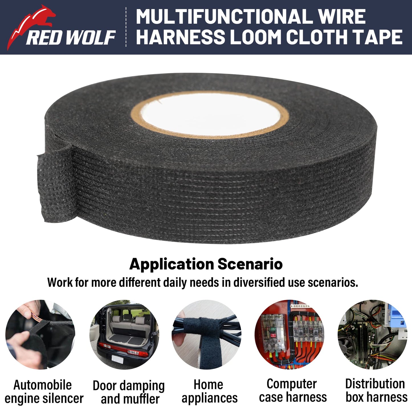 RED WOLF 3/4 Inch x 50 FT Wiring Harness Tape High Temp Wire Cable Loom Self-Adhesive Fabric Tape for Electrical Automotive Engine Harness Wrap Protection Noise Damping Cables Fixed 5 Rolls