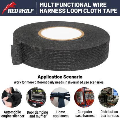 RED WOLF 3/4 Inch x 50 FT Wiring Harness Tape High Temp Wire Cable Loom Self-Adhesive Fabric Tape for Electrical Automotive Engine Harness Wrap Protection Noise Damping Cables Fixed 5 Rolls