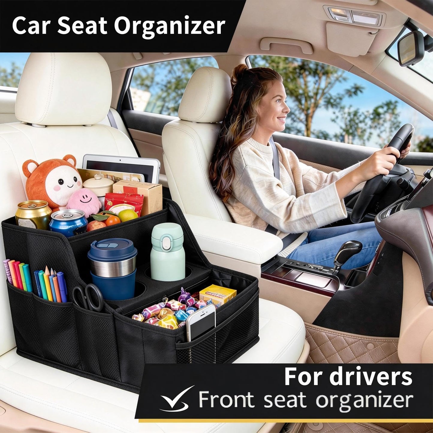 Car Seat Organizer Backseat and Passenger Seat Organizer with 9 Compartments 2 Cup Holders Car Organizer Front Seat Storage for Travel Kids，Black